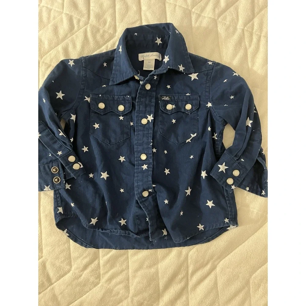Ralph Lauren Toddler Pearl‎ Snap Button Up Shirt 9m Blue White Stars